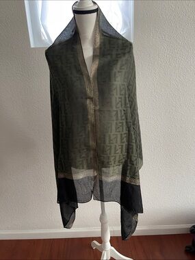 Sheer Olive Green & Black Logo-Pattern Scarf